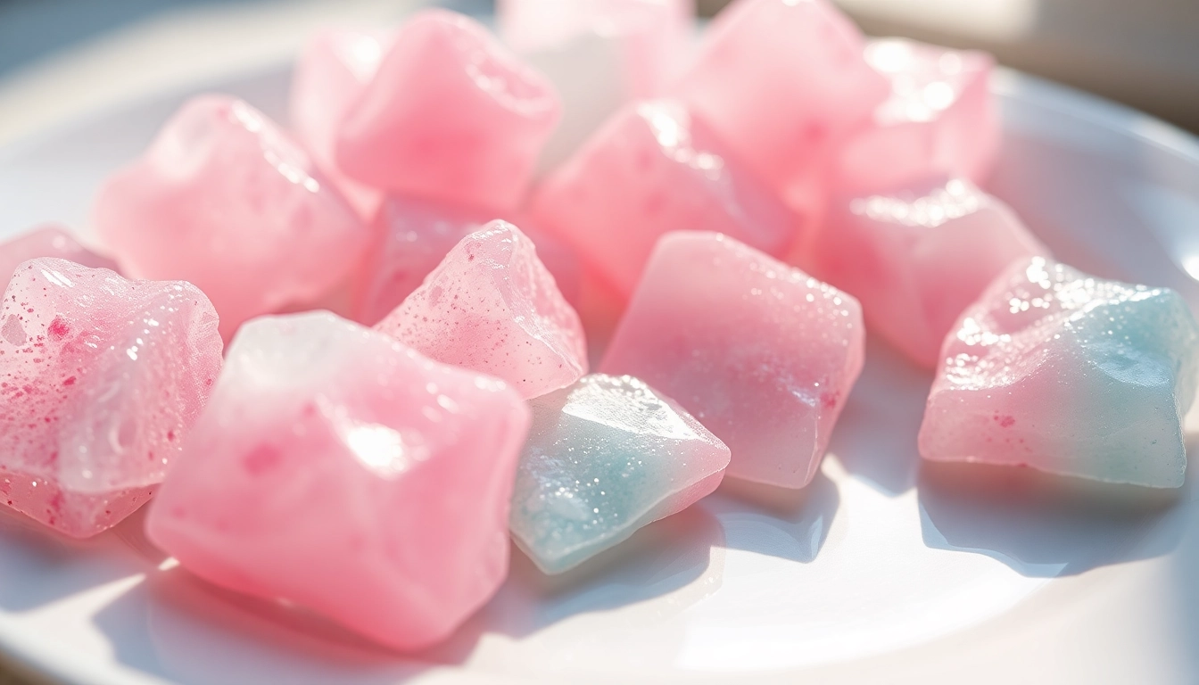 Indulge in colorful crystal candy glimmering like jewels on a white plate.