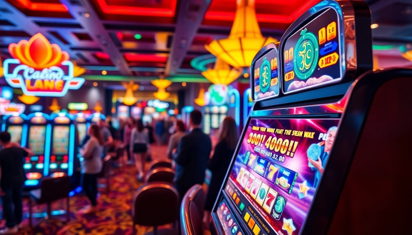 Engaging scene of players enjoying slot online games at vibrant casino machines.