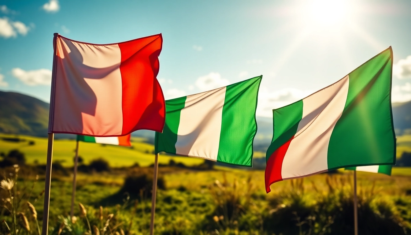 Custom flags Ireland displayed proudly in a beautiful outdoor setting, highlighting diverse designs and vibrant colors.