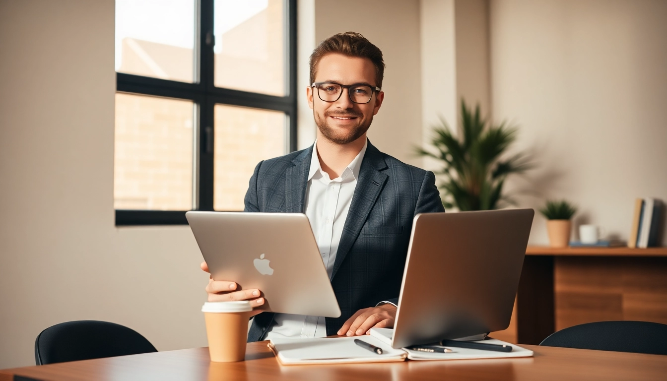 Experience a day in the life of professionals as a person works on a laptop, surrounded by coffee and notes.