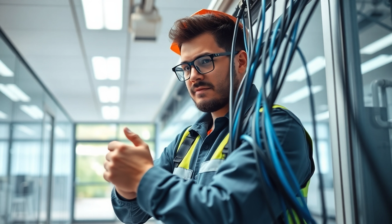 Technician performing Data Cable Installation service in a professional office setting, ensuring reliable connections.