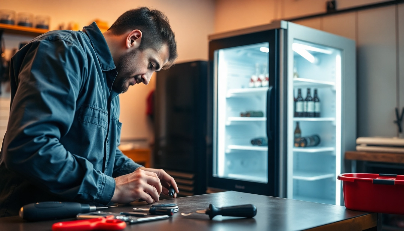 Technician conducting beverage cooler repair, highlighting maintenance tools and expertise.