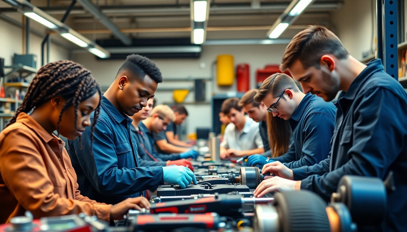 Hands-on training at a trade school Knoxville TN, showcasing students in automotive technology.