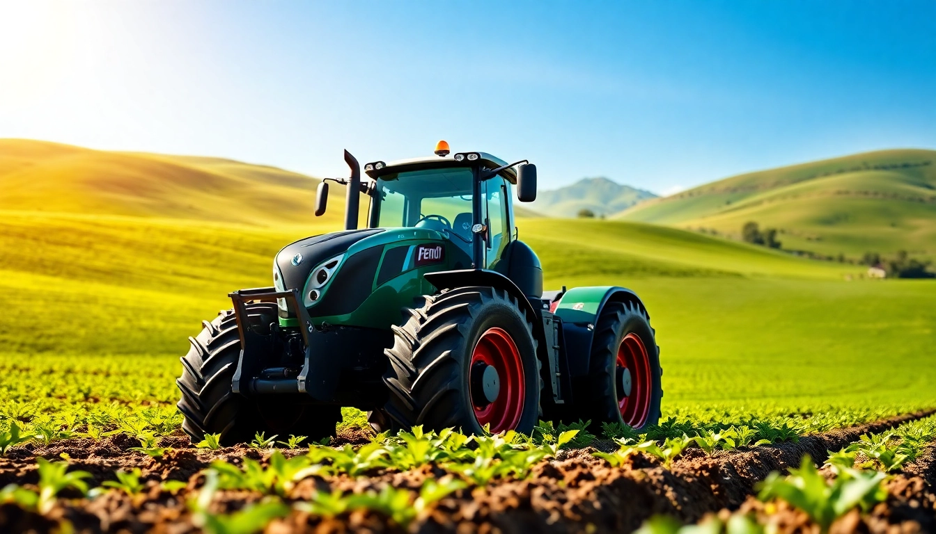 Fendt Traktor in Aktion auf einem grünen Feld mit klaren Himmel und strahlendem Licht.