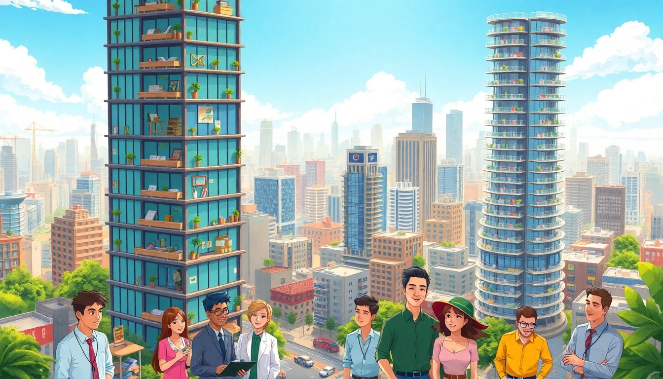 Players build and manage their sim tower while engaging with various amenities in a lively setting.