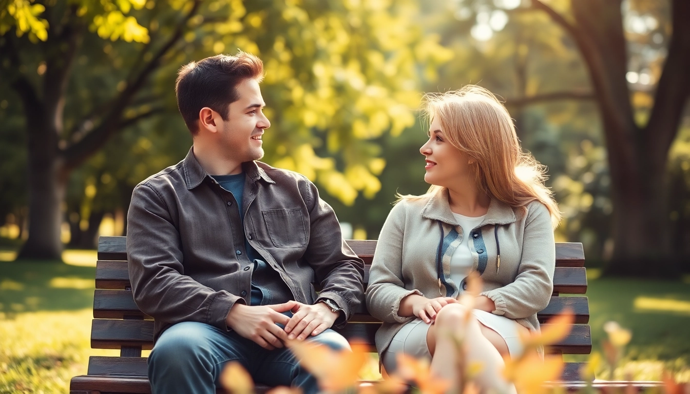 Couple practicing communication in relationships while sitting on a bench in a tranquil park.