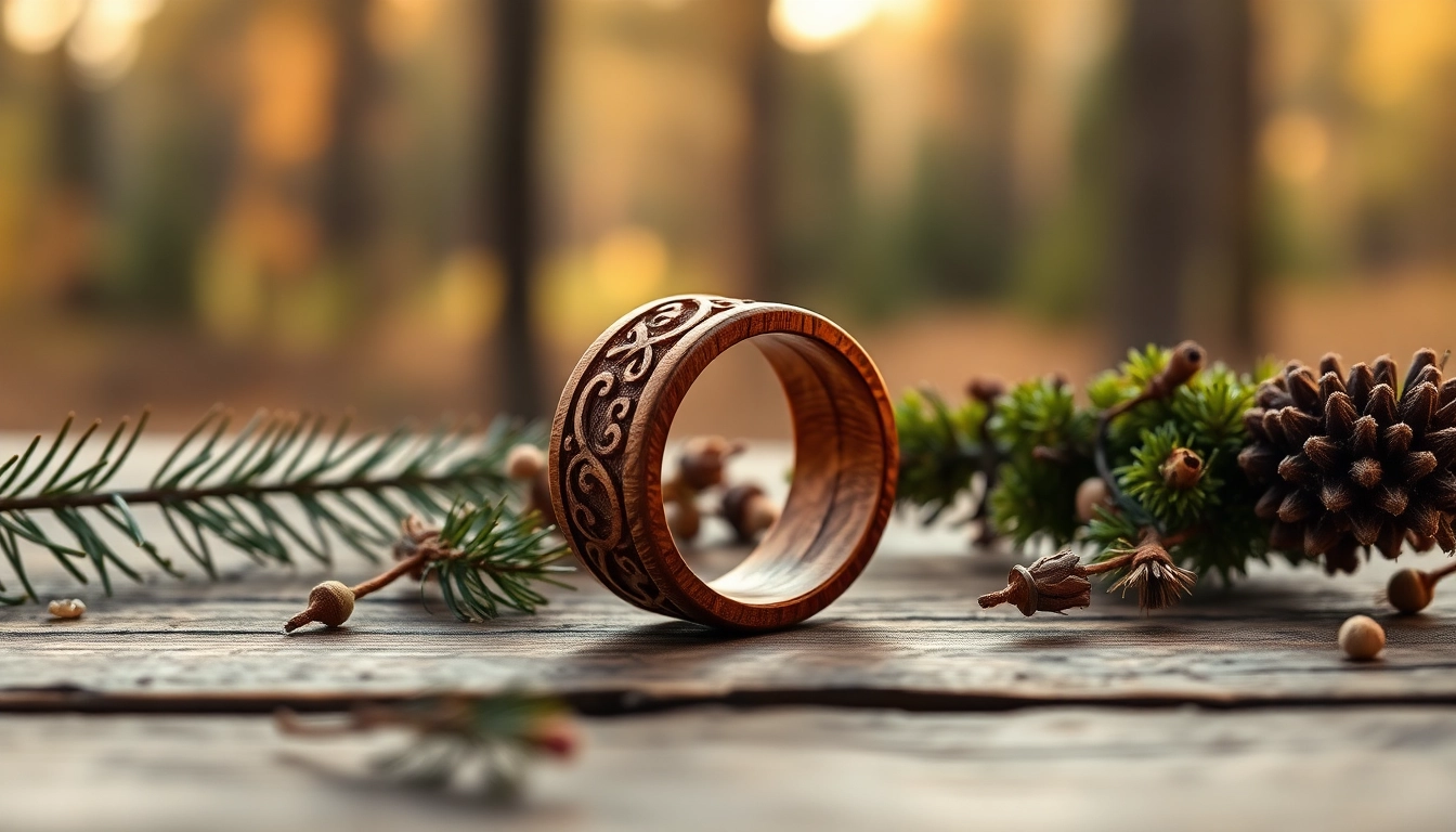 Admire these stunning Wooden Wedding Rings featuring exquisite carvings and natural textures.