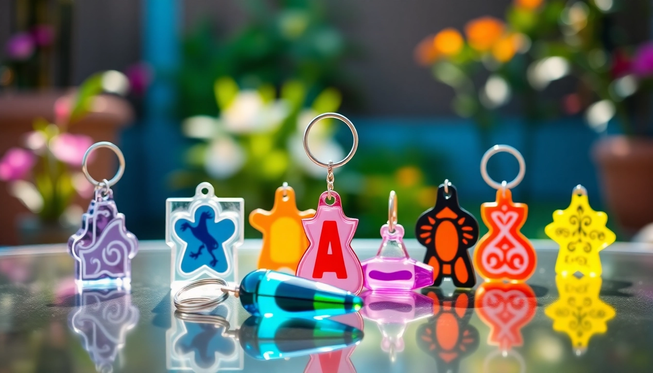 Create unique acrylic keychain custom designs shown on a stylish table with colorful elements.