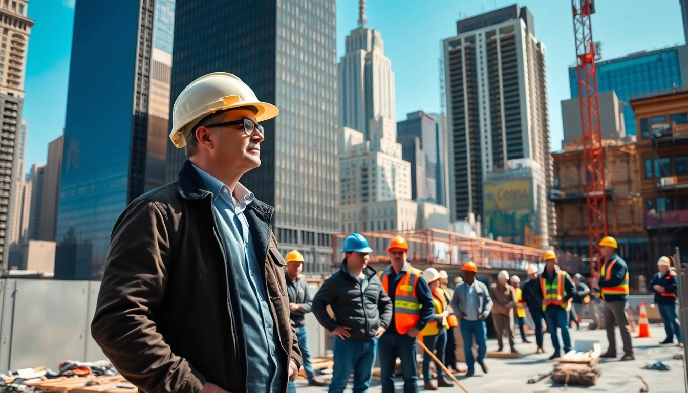 New York City General Contractor directing a construction site with skyscrapers in the background.
