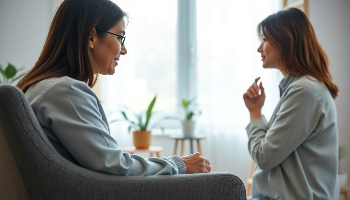 Counselling session in a serene therapy room, showcasing a therapist and client engaged in dialogue, promoting emotional health.